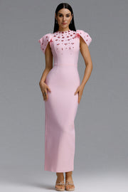 Lisiya Elegant Contour High Neck Bow Puff Sleeve Bandage Maxi Dress